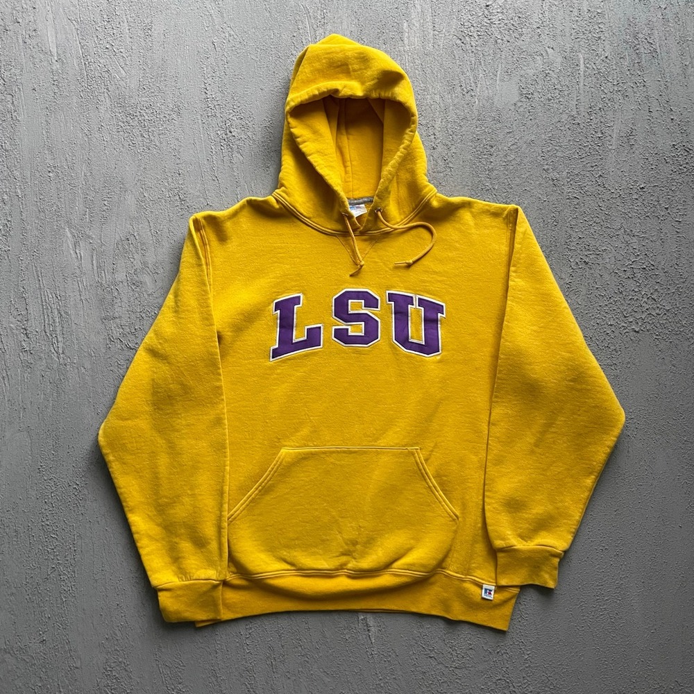 Vintage LSU Tigers Hoodie Mens Large Yellow 90s Russell Athletic